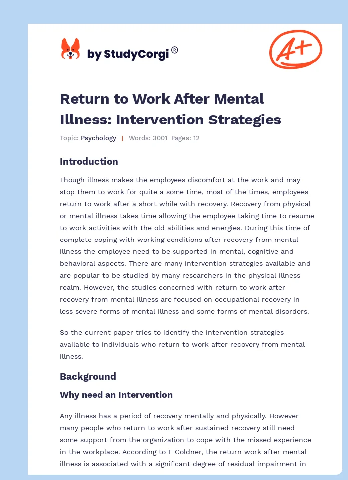 Return to Work After Mental Illness: Intervention Strategies. Page 1