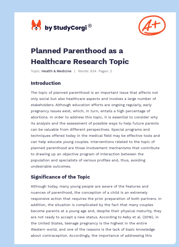 Planned Parenthood as a Healthcare Research Topic. Page 1