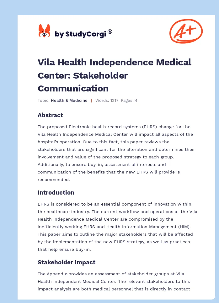 Vila Health Independence Medical Center: Stakeholder Communication. Page 1