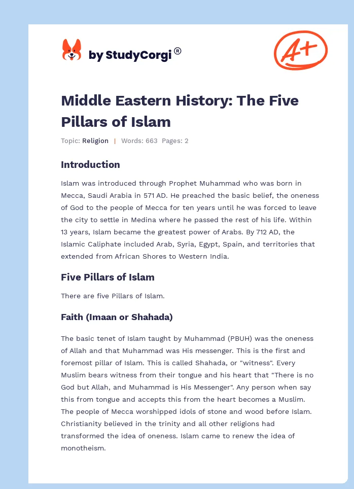 Middle Eastern History: The Five Pillars of Islam. Page 1