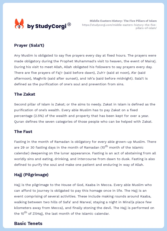 Middle Eastern History: The Five Pillars of Islam. Page 2