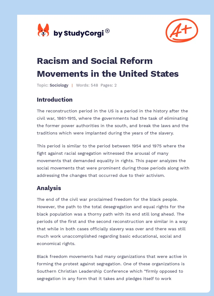Racism and Social Reform Movements in the United States. Page 1