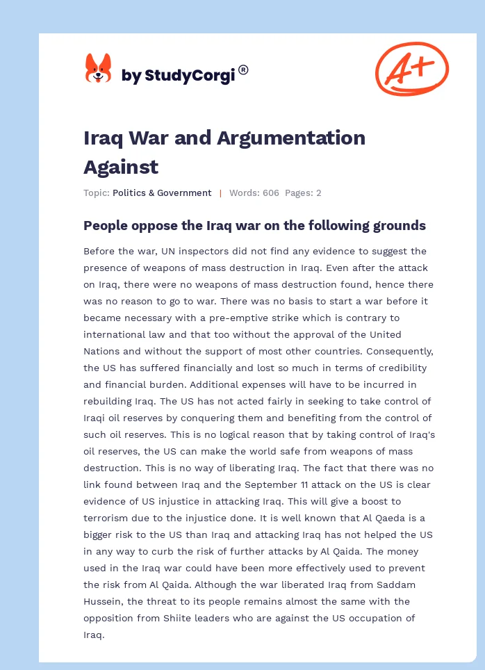 Iraq War and Argumentation Against. Page 1