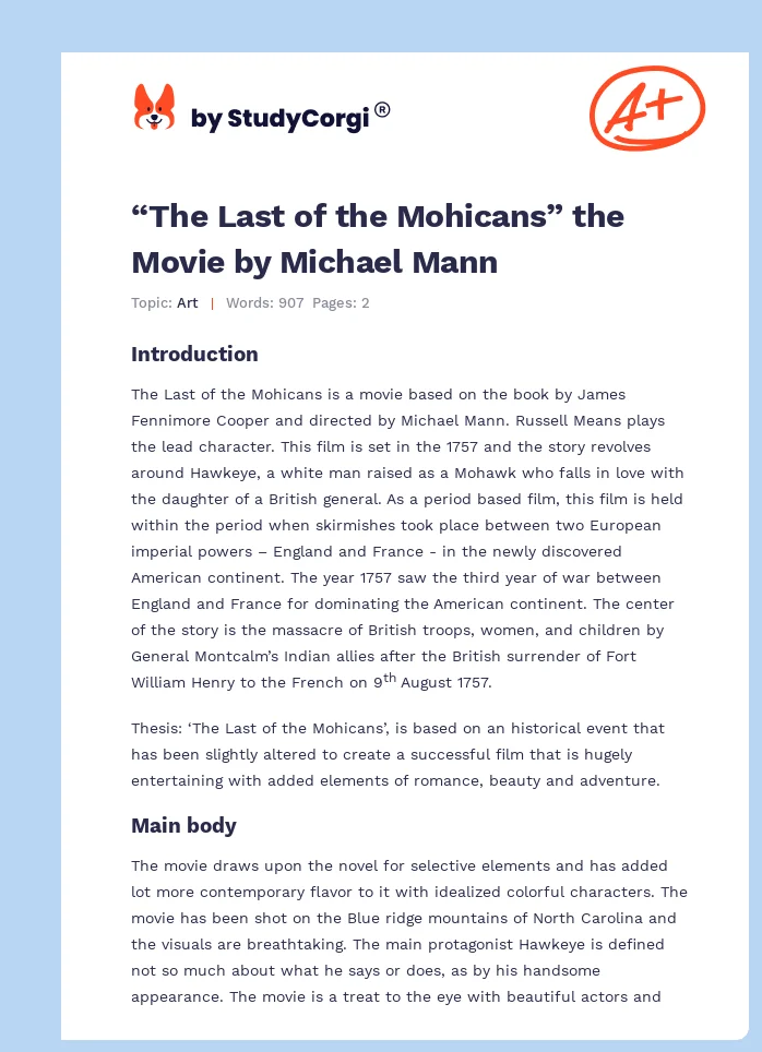 “The Last of the Mohicans” the Movie by Michael Mann. Page 1