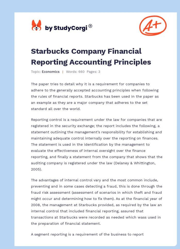 Starbucks Company Financial Reporting Accounting Principles. Page 1