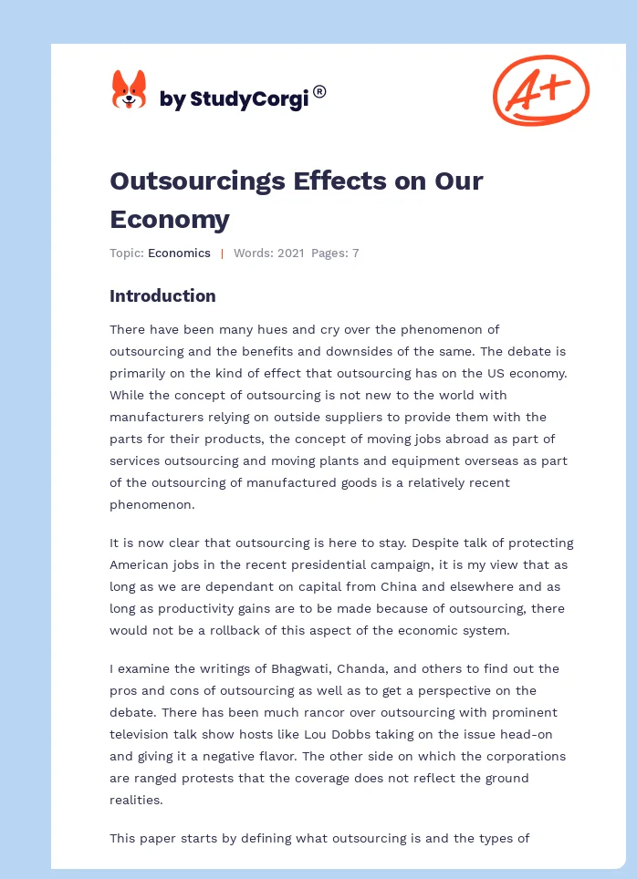 Outsourcings Effects on Our Economy. Page 1