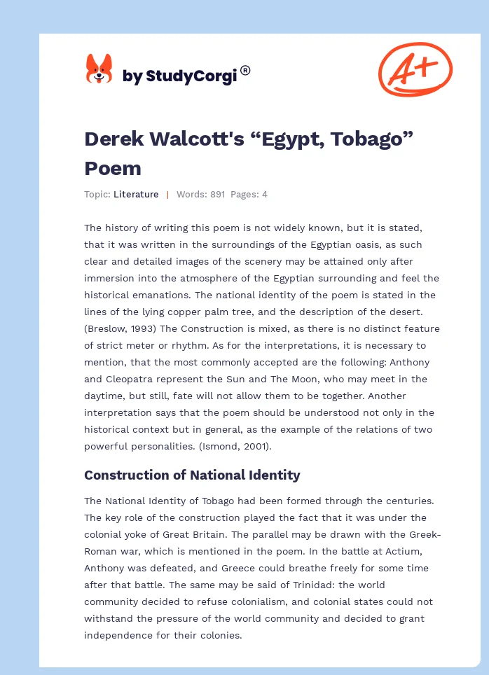 Derek Walcott's “Egypt, Tobago” Poem. Page 1