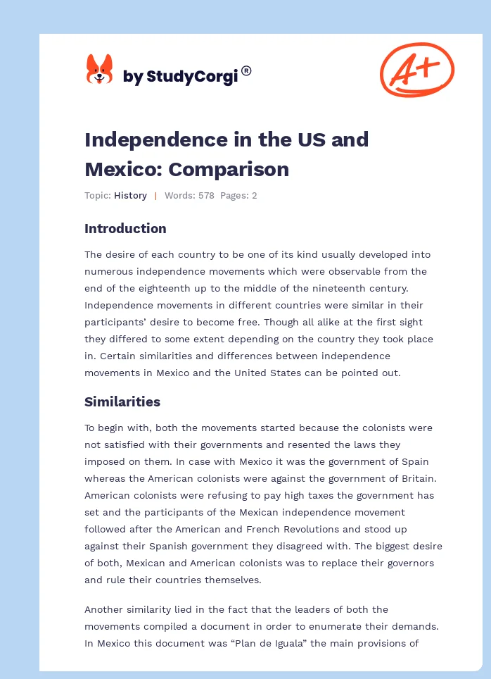 Independence in the US and Mexico: Comparison. Page 1