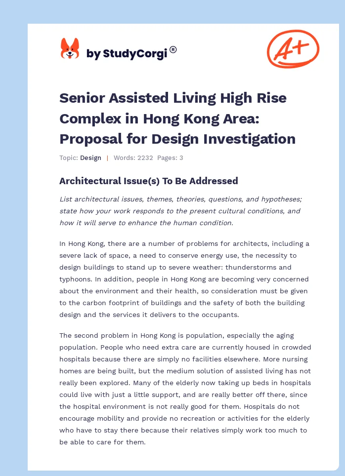 Senior Assisted Living High Rise Complex in Hong Kong Area: Proposal for Design Investigation. Page 1