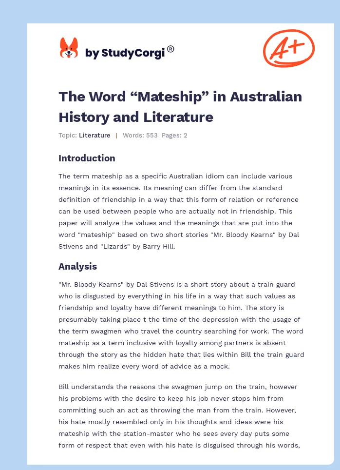 The Word “Mateship” in Australian History and Literature. Page 1