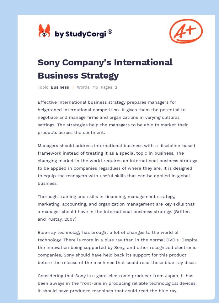 Sony Company's International Business Strategy. Page 1