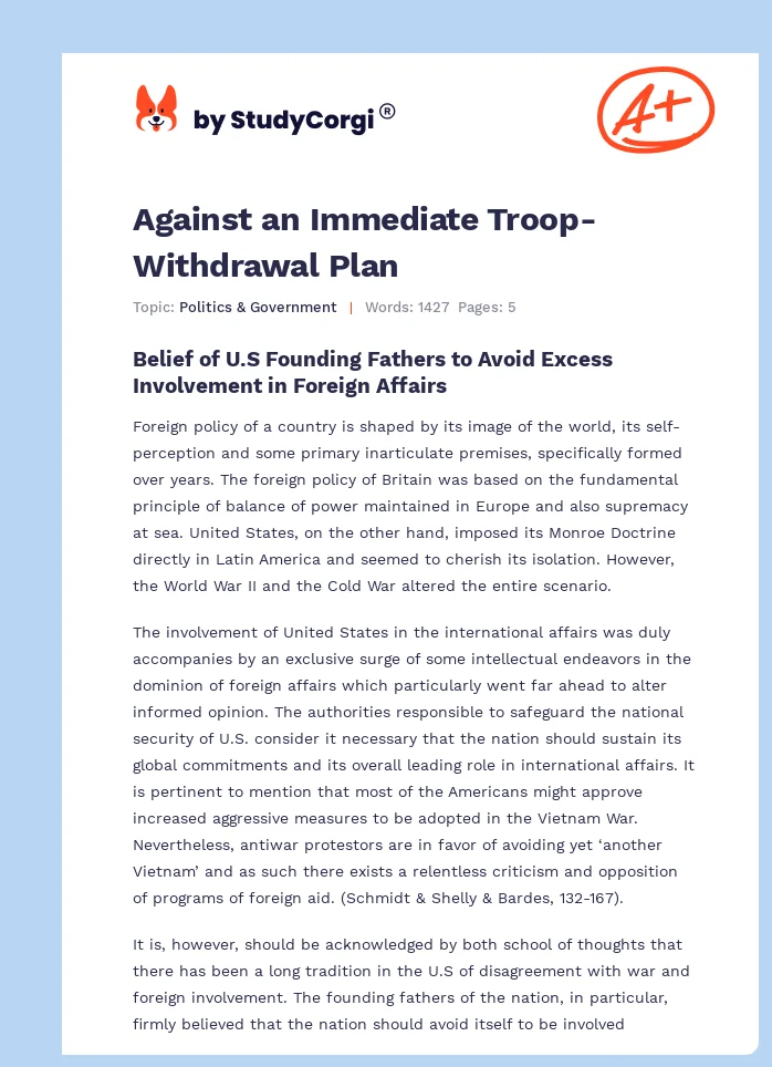Against an Immediate Troop-Withdrawal Plan. Page 1