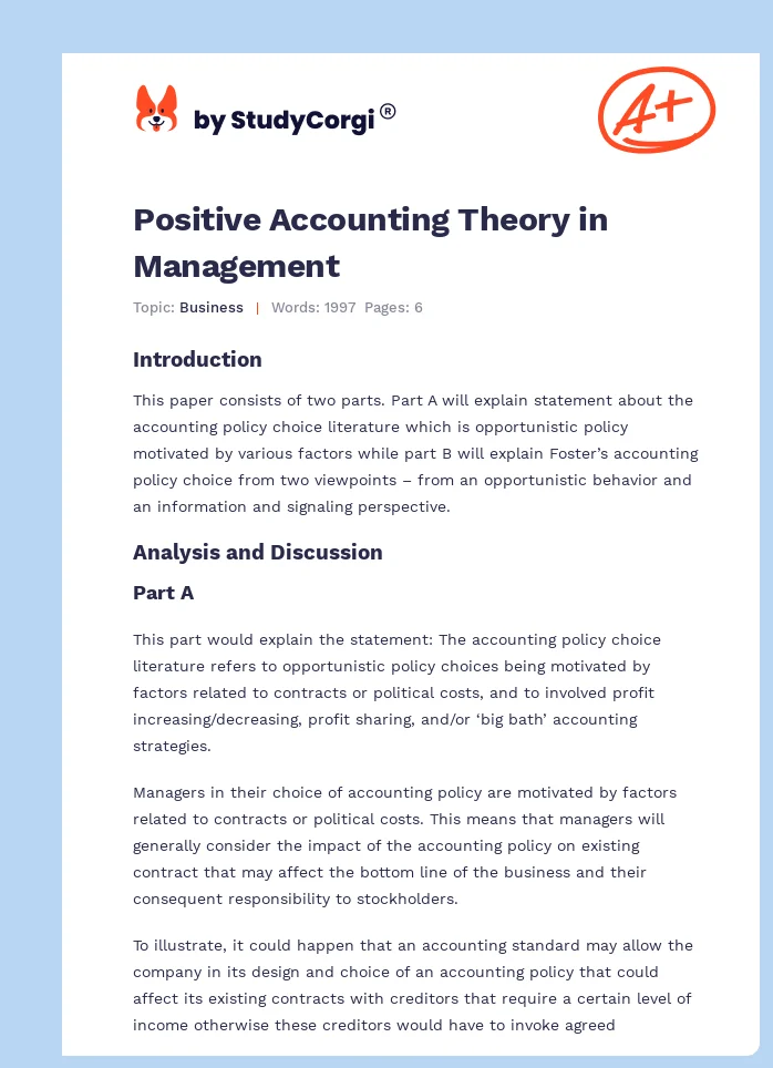 Positive Accounting Theory in Management. Page 1