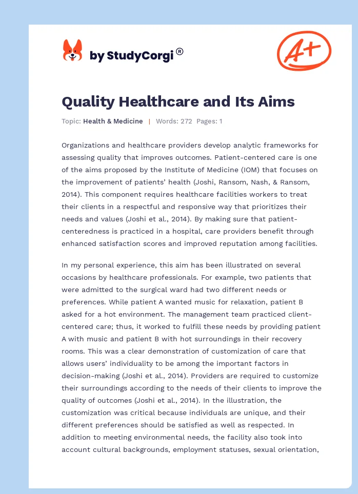 Quality Healthcare and Its Aims. Page 1