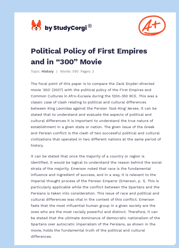 Political Policy of First Empires and in “300” Movie. Page 1