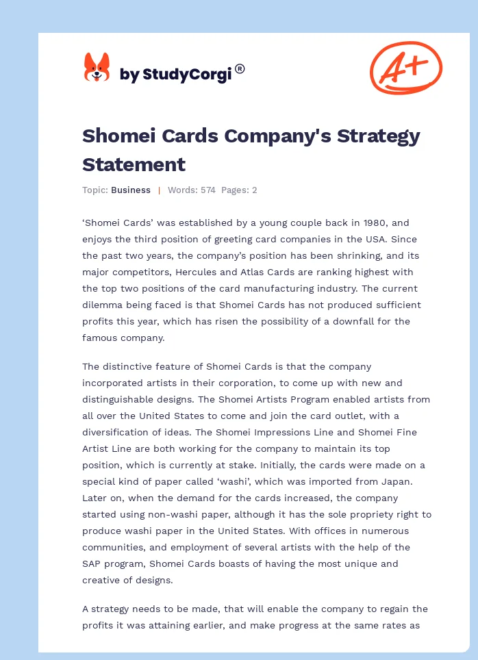 Shomei Cards Company's Strategy Statement. Page 1