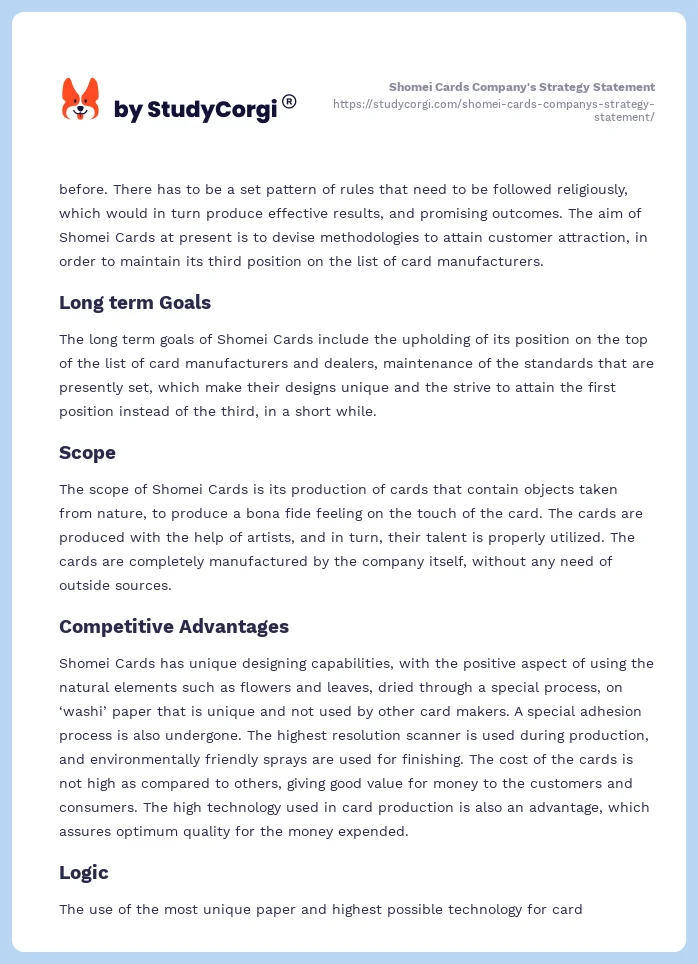 Shomei Cards Company's Strategy Statement. Page 2