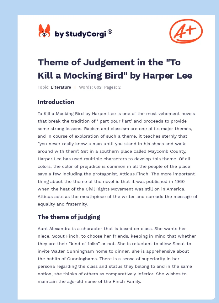 Theme of Judgement in the "To Kill a Mocking Bird" by Harper Lee. Page 1