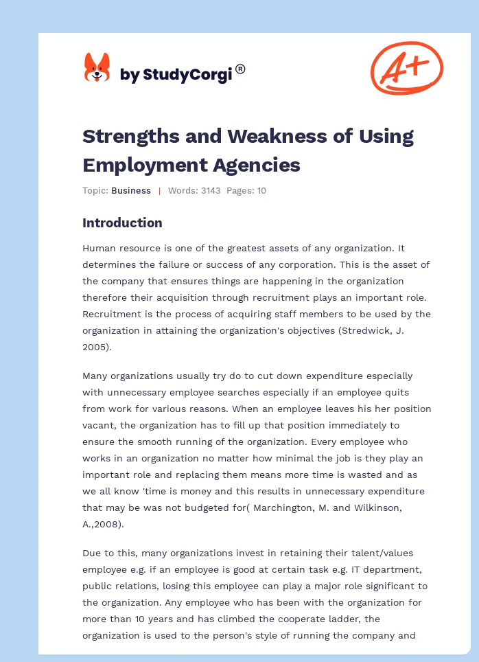 Strengths and Weakness of Using Employment Agencies. Page 1