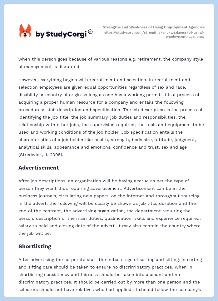 Strengths and Weakness of Using Employment Agencies. Page 2