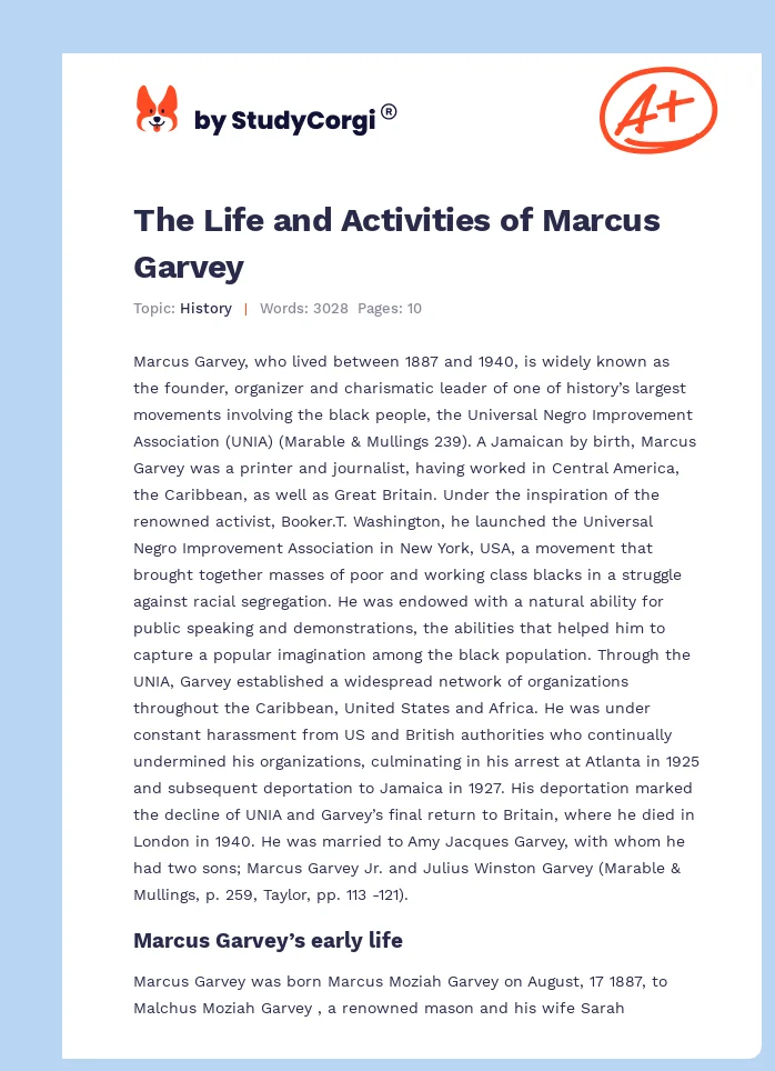 The Life and Activities of Marcus Garvey. Page 1