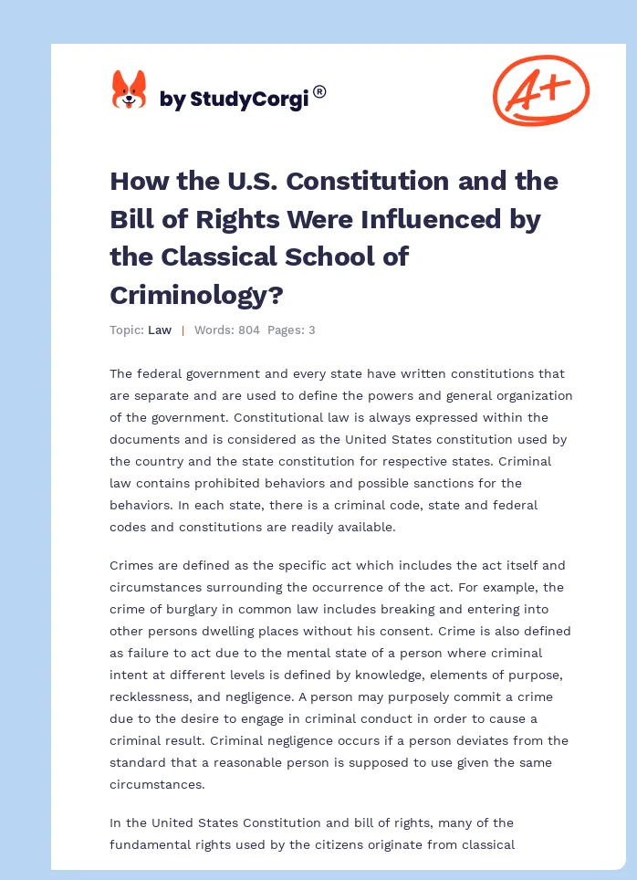 How the U.S. Constitution and the Bill of Rights Were Influenced by the Classical School of Criminology?. Page 1