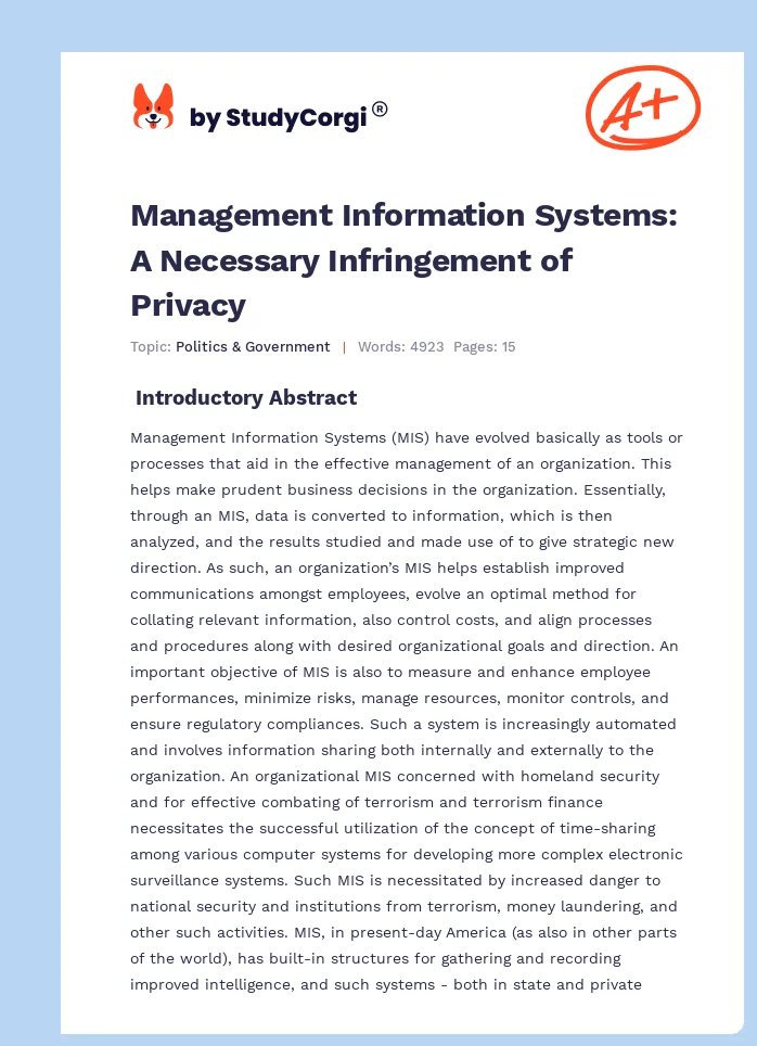 Management Information Systems: A Necessary Infringement of Privacy. Page 1