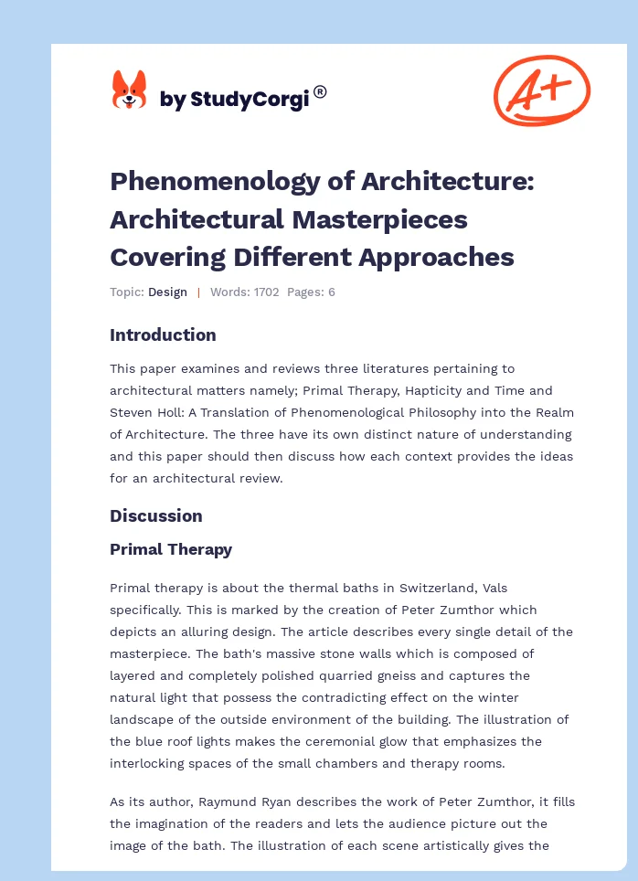 Phenomenology of Architecture: Architectural Masterpieces Covering Different Approaches. Page 1