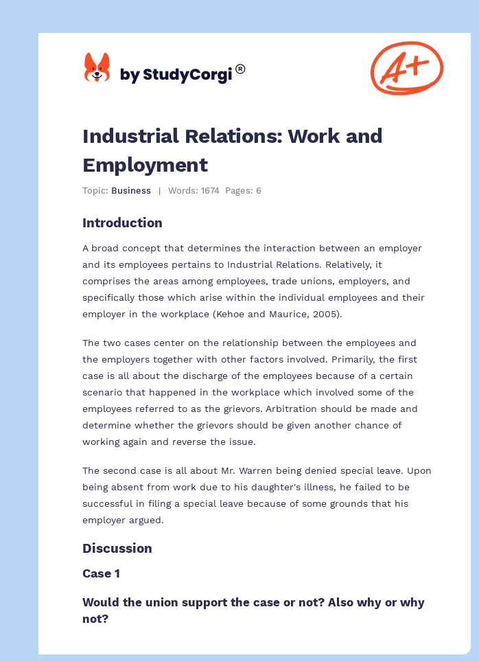 Industrial Relations: Work and Employment. Page 1