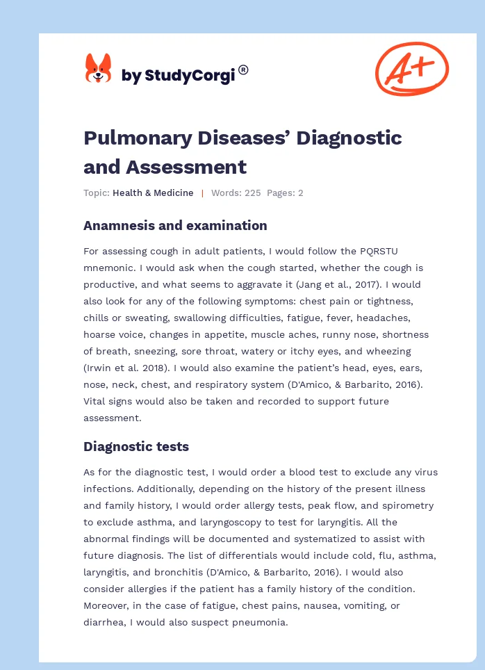Pulmonary Diseases’ Diagnostic and Assessment. Page 1