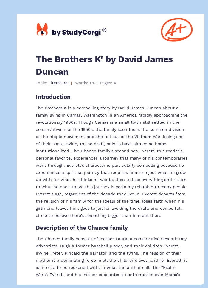 The Brothers K' by David James Duncan. Page 1
