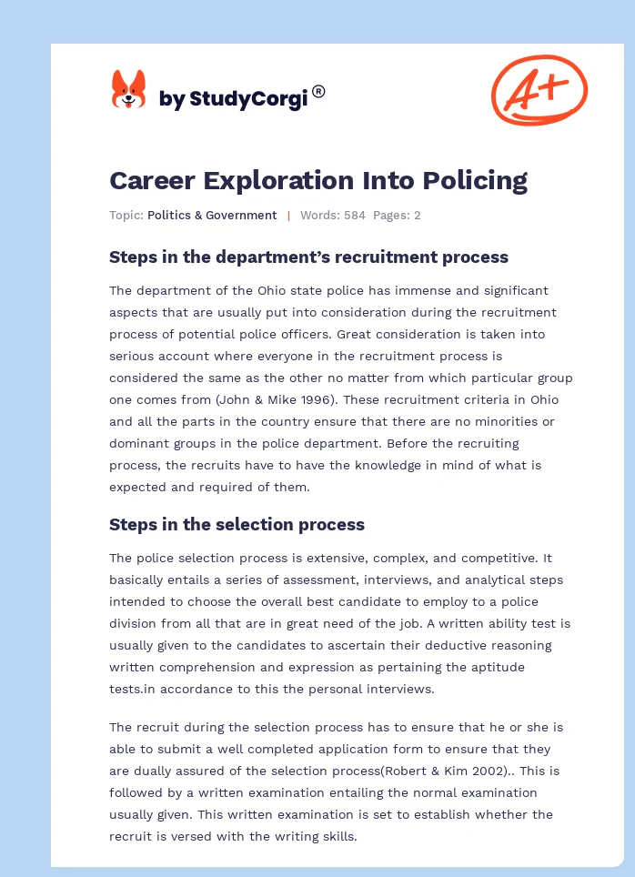 Career Exploration Into Policing. Page 1