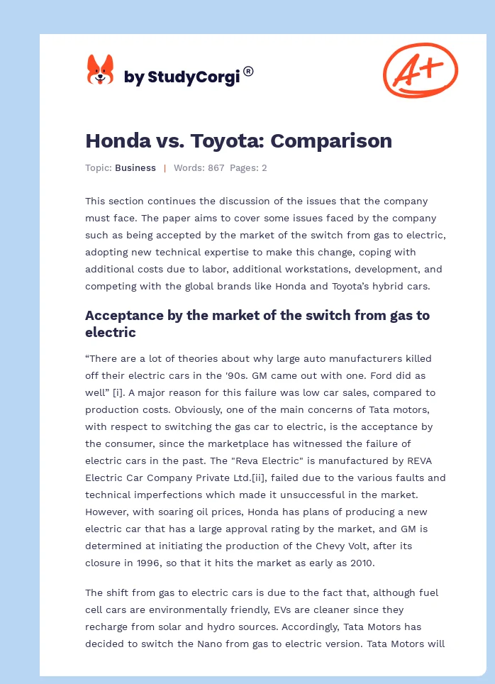 Honda vs. Toyota: Comparison. Page 1