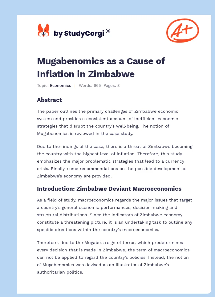Mugabenomics as a Cause of Inflation in Zimbabwe. Page 1