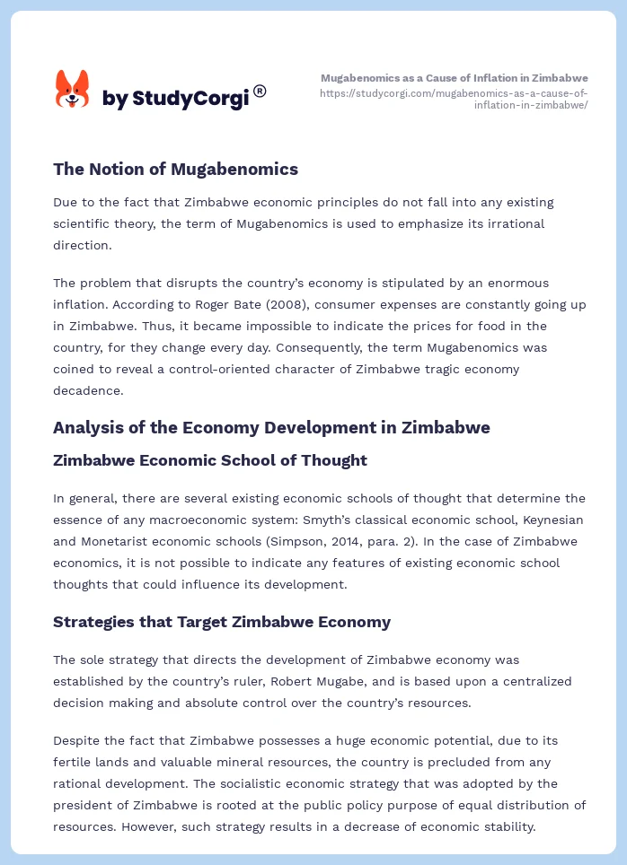 Mugabenomics as a Cause of Inflation in Zimbabwe. Page 2