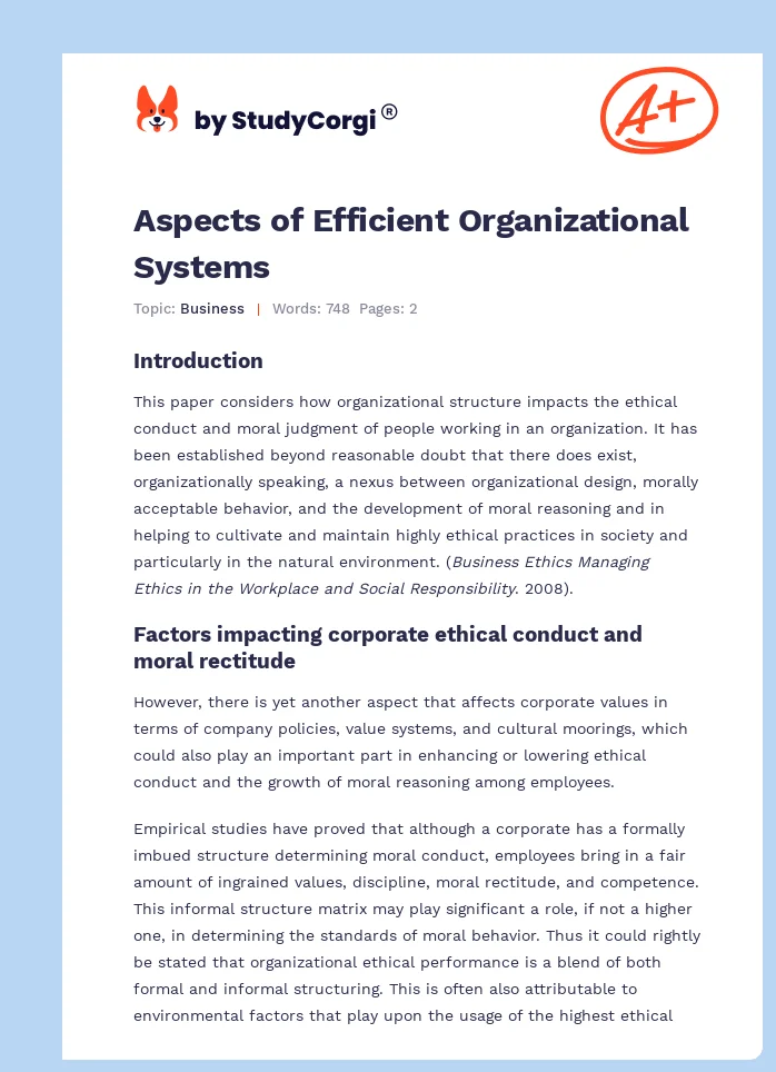 Aspects of Efficient Organizational Systems. Page 1