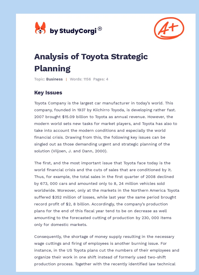 Analysis of Toyota Strategic Planning. Page 1