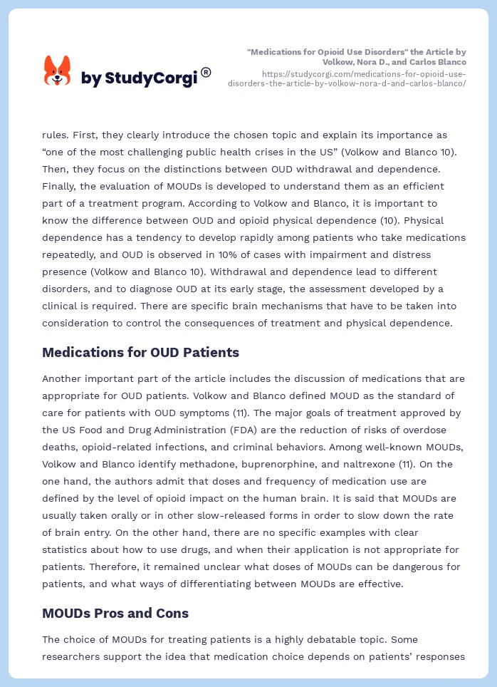 "Medications for Opioid Use Disorders" the Article by Volkow, Nora D., and Carlos Blanco. Page 2