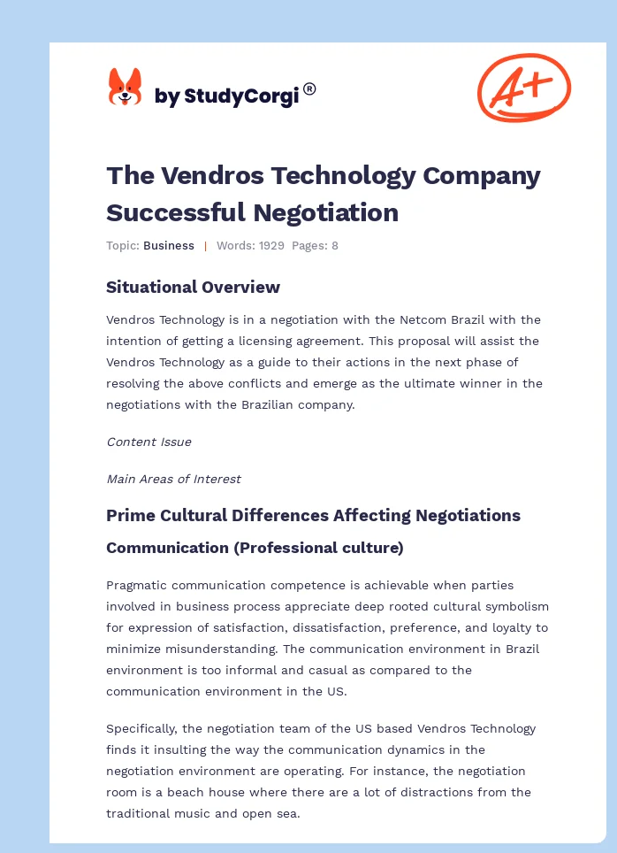 The Vendros Technology Company Successful Negotiation. Page 1