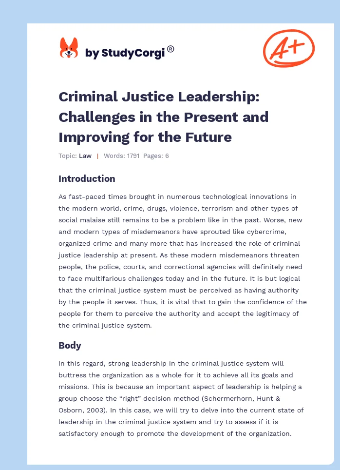 Criminal Justice Leadership: Challenges in the Present and Improving for the Future. Page 1