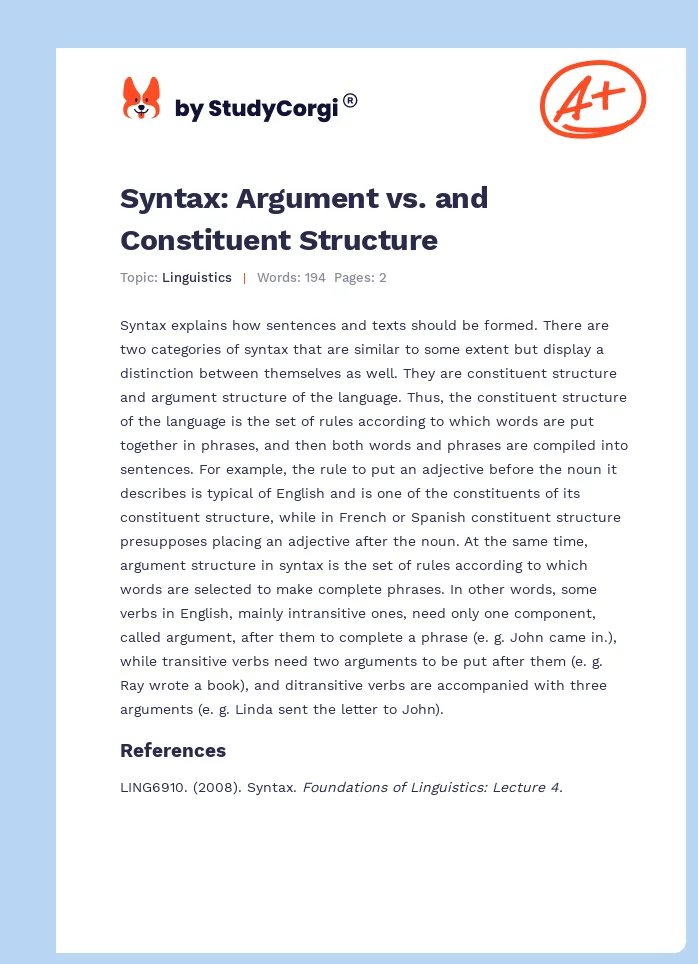 Syntax: Argument vs. and Constituent Structure. Page 1
