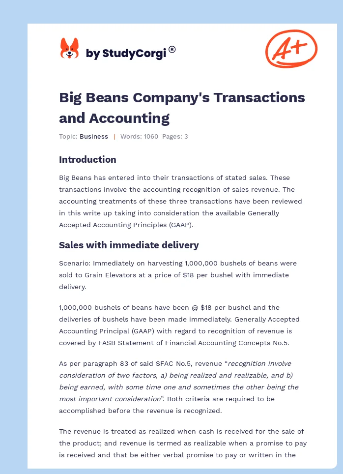 Big Beans Company's Transactions and Accounting. Page 1