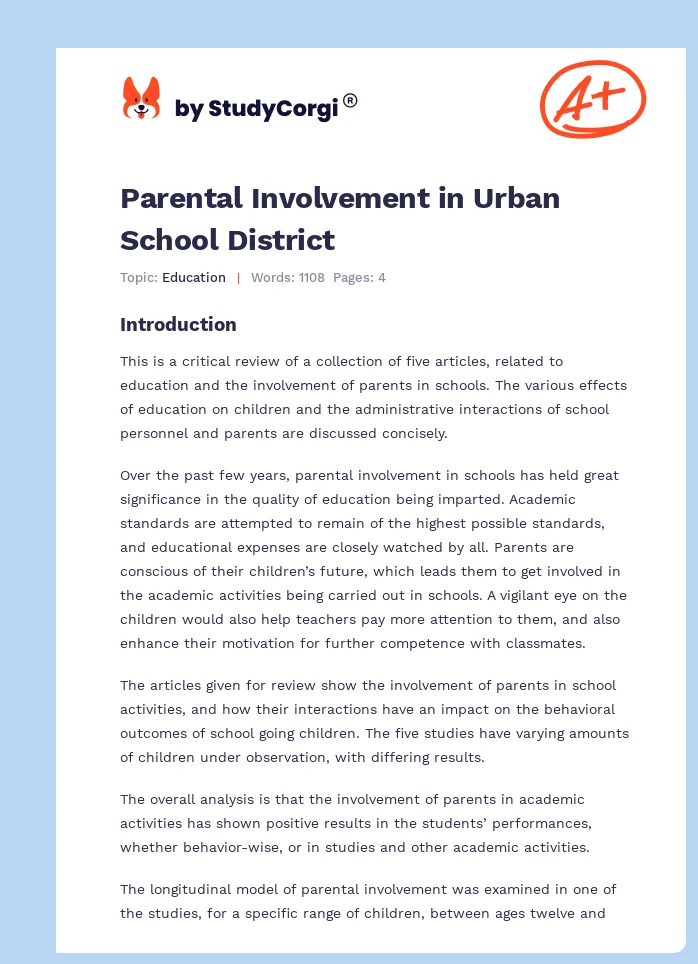 Parental Involvement in Urban School District. Page 1