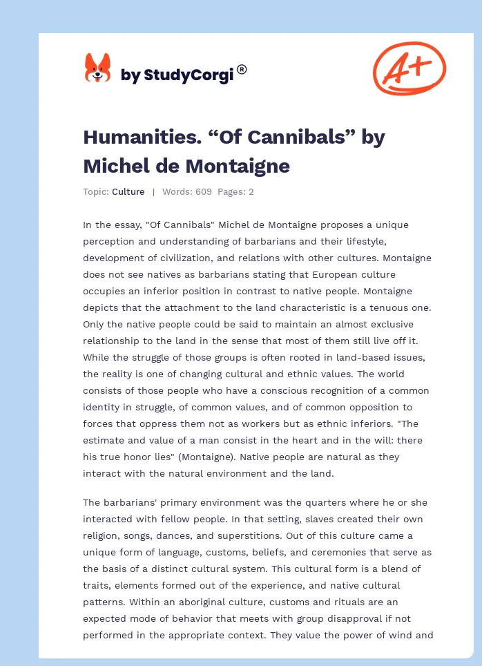 Humanities. “Of Cannibals” by Michel de Montaigne. Page 1