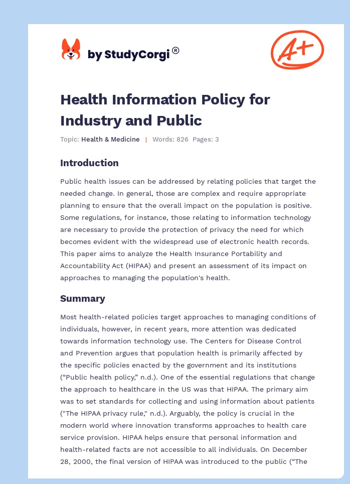 Health Information Policy for Industry and Public. Page 1