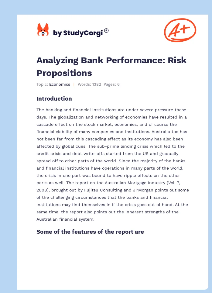 Analyzing Bank Performance: Risk Propositions. Page 1