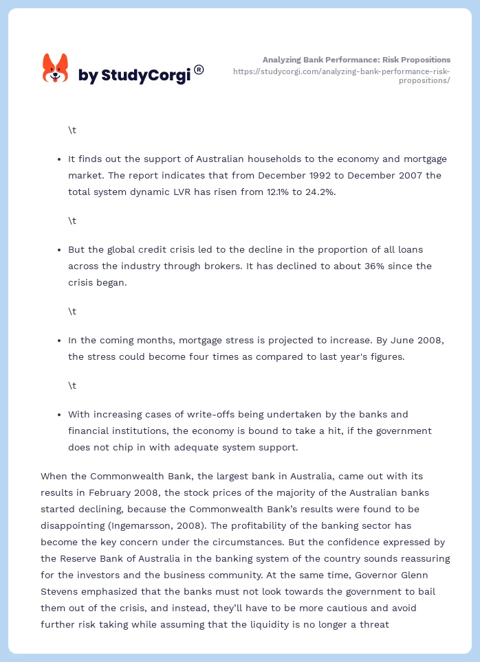 Analyzing Bank Performance: Risk Propositions. Page 2