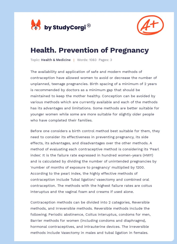 Health. Prevention of Pregnancy. Page 1