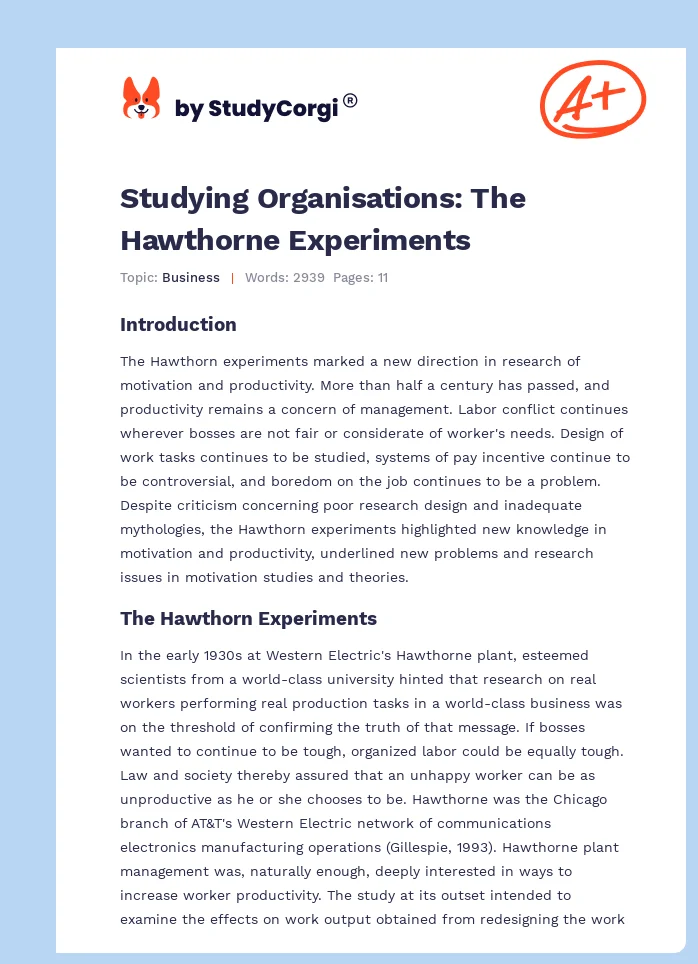 Studying Organisations: The Hawthorne Experiments. Page 1