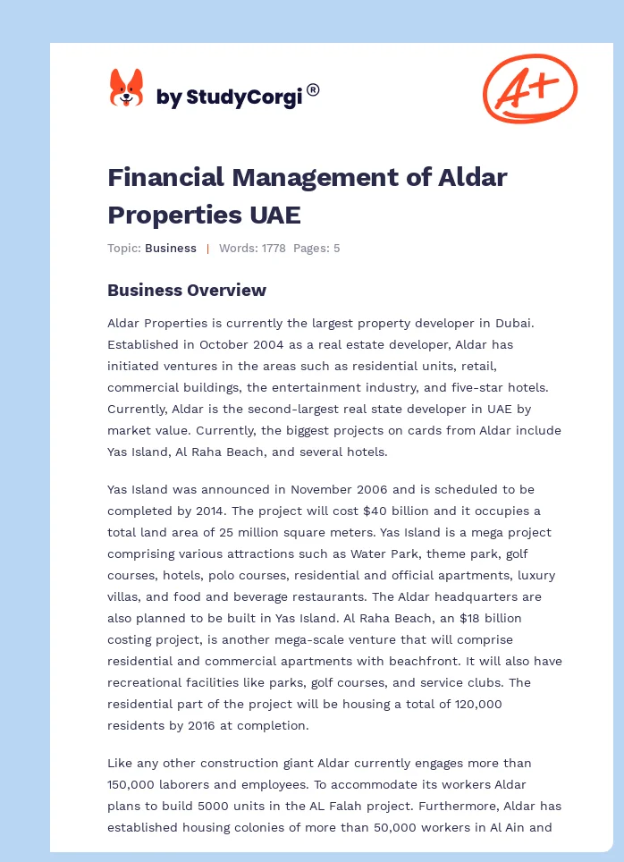Financial Management of Aldar Properties UAE. Page 1
